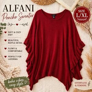 Alfani Red Ruffle Poncho Sweater L/XL Soft Knit Boho Flowy Top